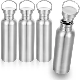 4 Pack Stainless Steel Sports Water Bottles, 26OZ Single Walled 18/8 Stainless Steel Water Bottle with Handle, Uninsulate Metal Water Bottle for Cyclists, Runners, Hikers, Beach Goers, Picnics