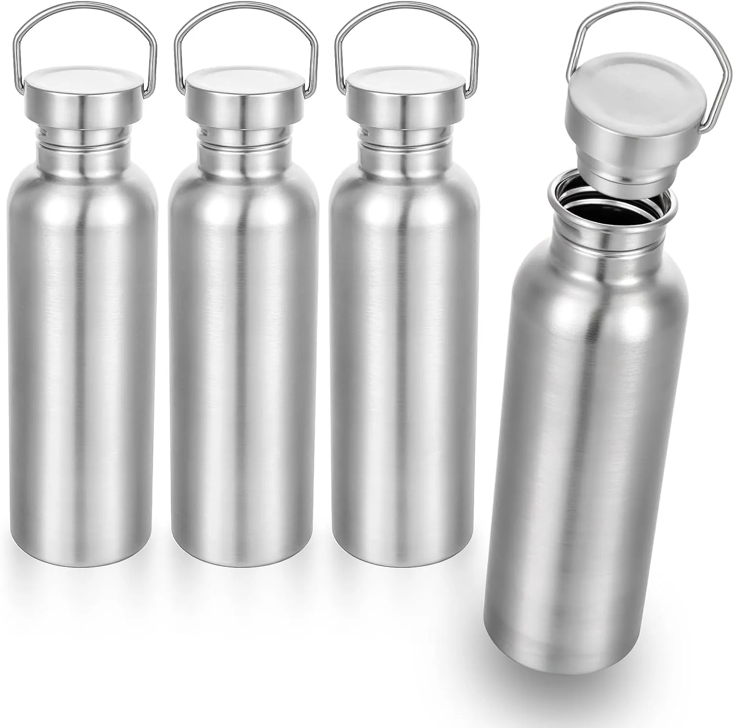 4 Pack Stainless Steel Sports Water Bottles, 26OZ Single Walled 18/8 Stainless Steel Water Bottle with Handle, Uninsulate Metal Water Bottle for Cyclists, Runners, Hikers, Beach Goers, Picnics
