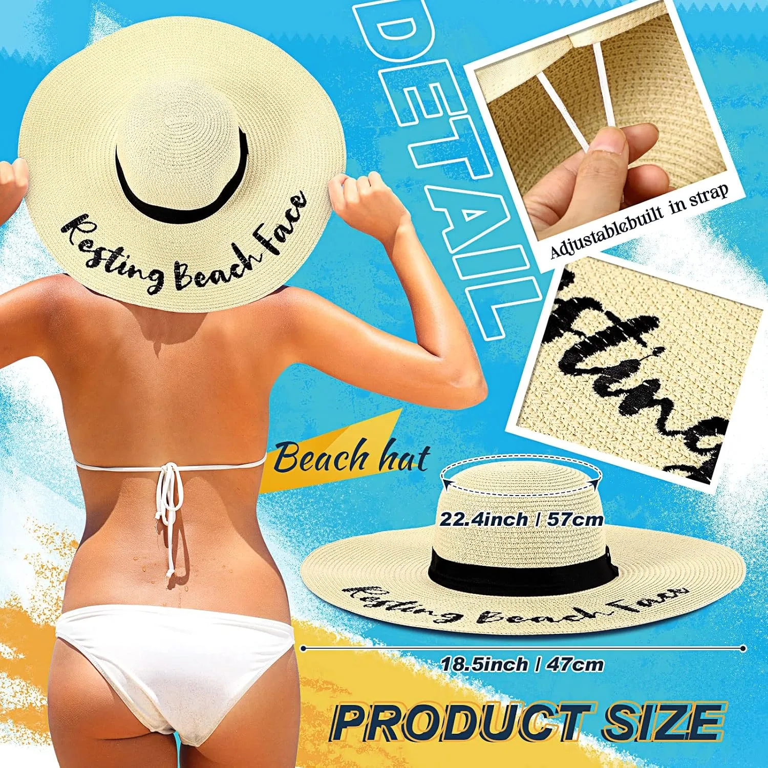 4 Pcs Women Beach Hats Floppy Foldable Straw Hat Embroidered Summer Wide Brim for Travel Summer