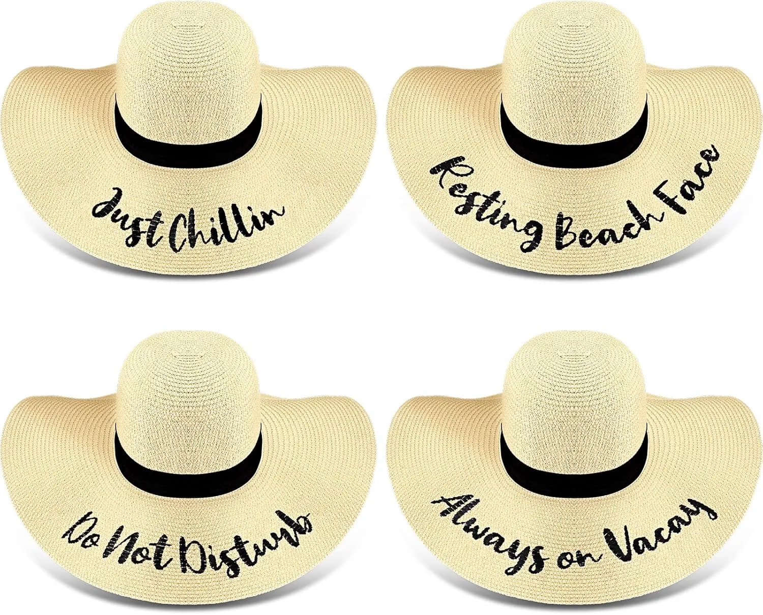 4 Pcs Women Beach Hats Floppy Foldable Straw Hat Embroidered Summer Wide Brim for Travel Summer