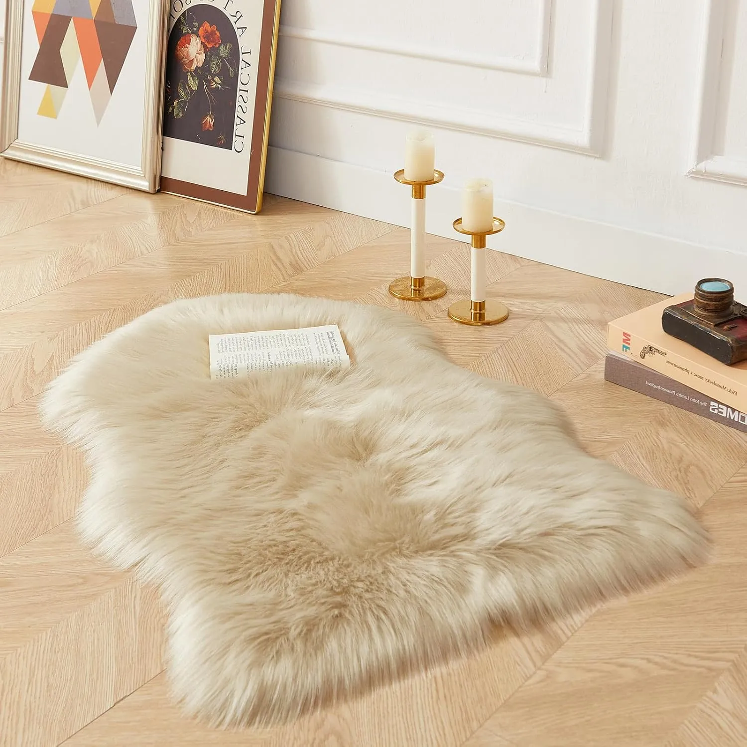 AMTOVO Faux Fur Rug, Beige Small Area Rug, Fluffy Sheepskin Rug, Fuzzy Ultra Soft 2 x 3 ft Shag Rugs for Bedroom Sofa Throw Cushion Room Decor, Sheepskin