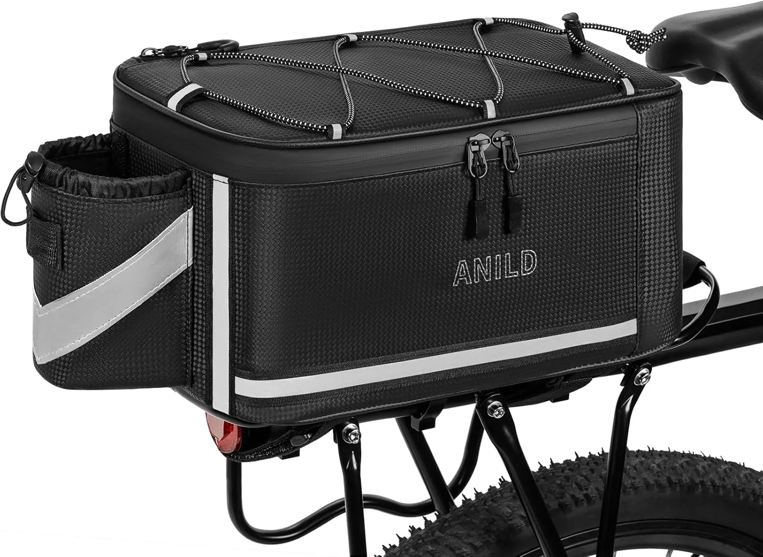 Bike Rear Rack Bag, 7L Capacity Bike, Durable Bags for Bicycles with Rain Cover and Tail Light tape, with Cup Tail