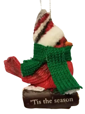 Cozy Bird with Green Scarf and Santa Hat Ornament 3"- 'Tis the Season