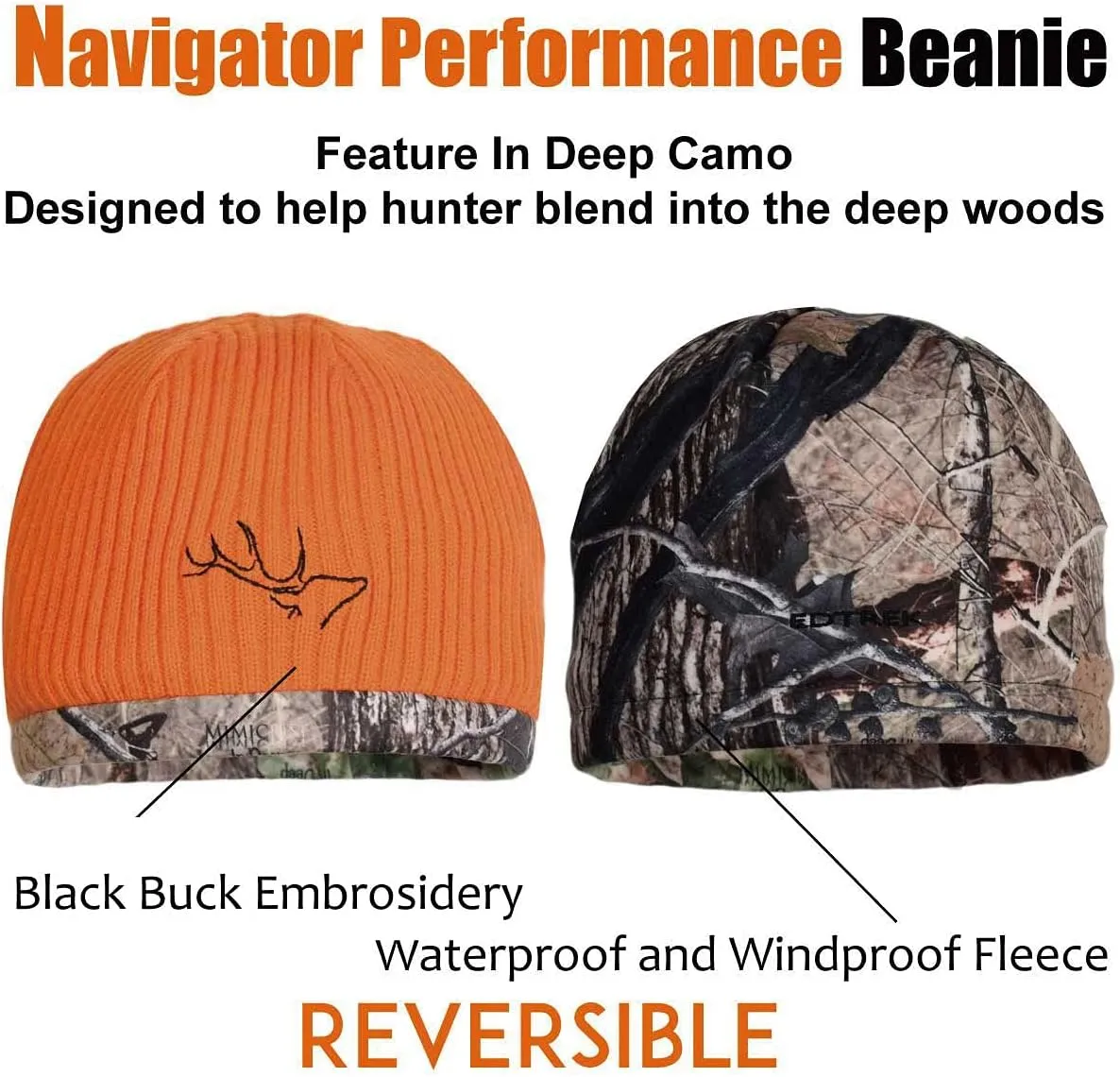 EDTREK Waterproof and Windproof Camo Beanie - Timber and Blaze Orange Camo Performance Hunting Hat