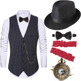 EFORLED 1920s Costume Accessories for Men - Gatsby Fedora Hat,Gangster Vest,Vintage Pocket Watch,Armbands,Pre Tied Bow Tie