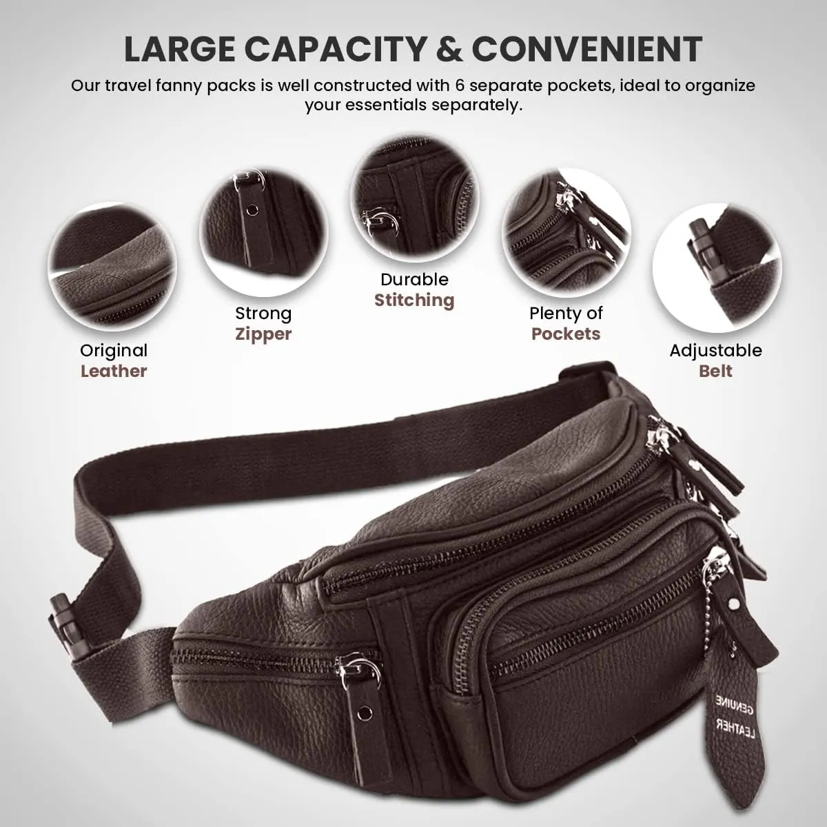 Fanny Pack Waist Bag Multifunction Genuine Leather Hip Bum Bag Travel Pouch for Men and Women- Multiple Pockets & Sturdy Zippers Ideal for Hiking Running And Cycling