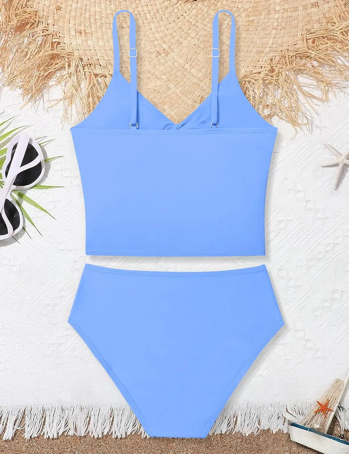 Girls Swimsuit Color Block Girls Bathing Suit Twist Tankini Set Two Piece Girl Swimwear Bikini Set for 9-16 Years