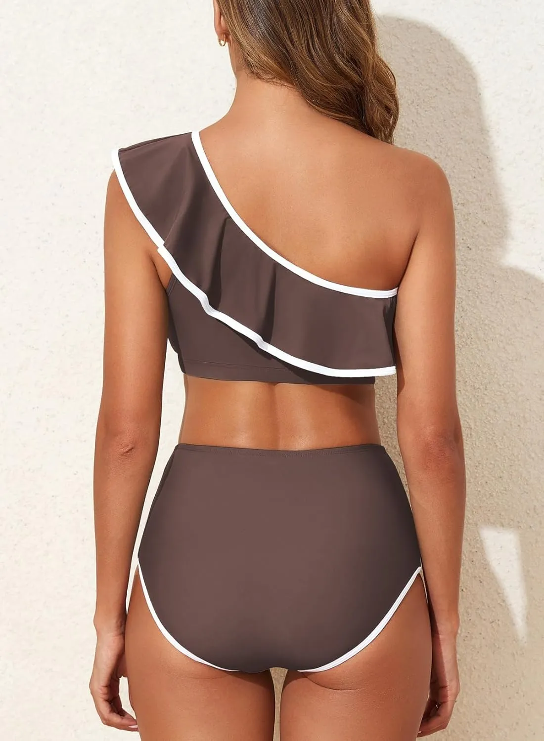 Herseas Women's One Shoulder Bikini Sets Color Block Trim Ruffle Hem Swimsuits Elegant Bathing Suits