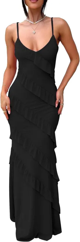 HOCILLE Women's Sexy V Neck Bodycon Spaghetti Strap Elegant Ruffle Maxi Cocktail Party Dresses