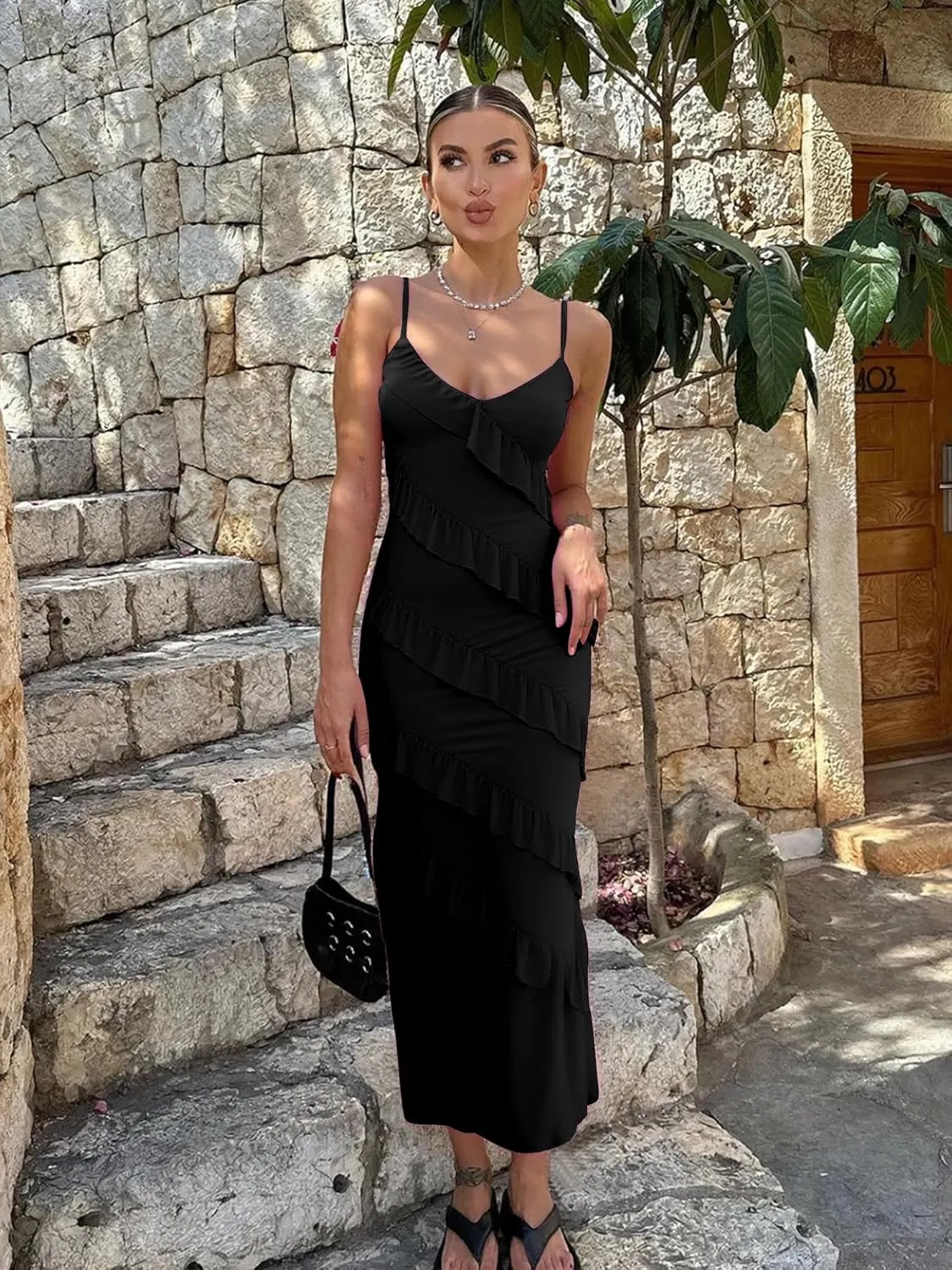 HOCILLE Women's Sexy V Neck Bodycon Spaghetti Strap Elegant Ruffle Maxi Cocktail Party Dresses