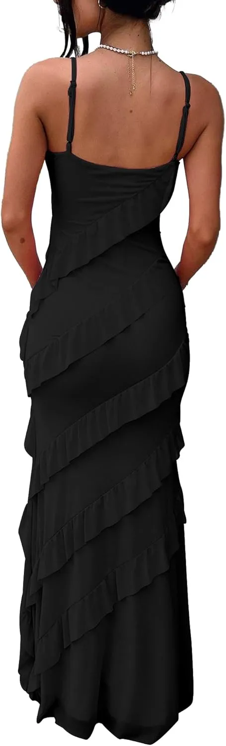 HOCILLE Women's Sexy V Neck Bodycon Spaghetti Strap Elegant Ruffle Maxi Cocktail Party Dresses