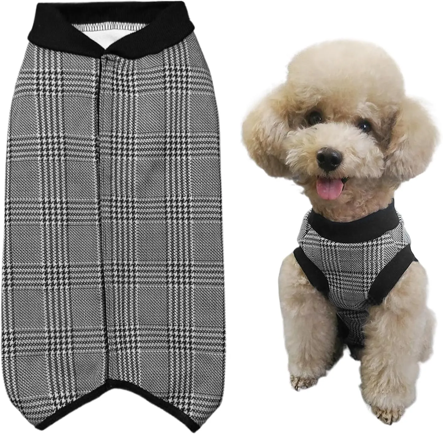 Houndstooth-S Dog Recovery Suit - Post Surgery Shirt for Puppy, Winter Fleece Wound Protective Clothes, Warm Dog Vest, Windproof Spay Recovery Suit
