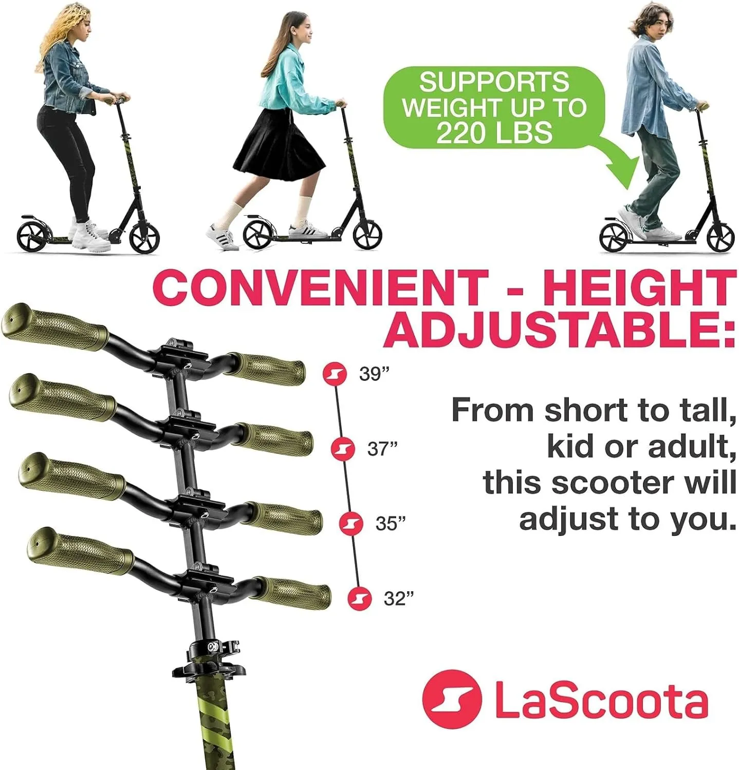 LaScoota Kick Scooter for Kids Ages 6 , Teens & Adults, Large 8" Sturdy Urethane Wheels. Adjustable Handlebar, Lightweight, Foldable, 220lbs Max Load