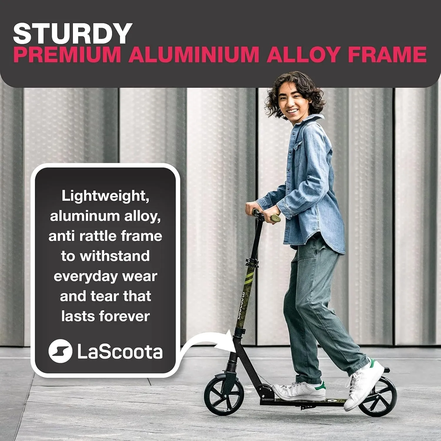 LaScoota Kick Scooter for Kids Ages 6 , Teens & Adults, Large 8" Sturdy Urethane Wheels. Adjustable Handlebar, Lightweight, Foldable, 220lbs Max Load