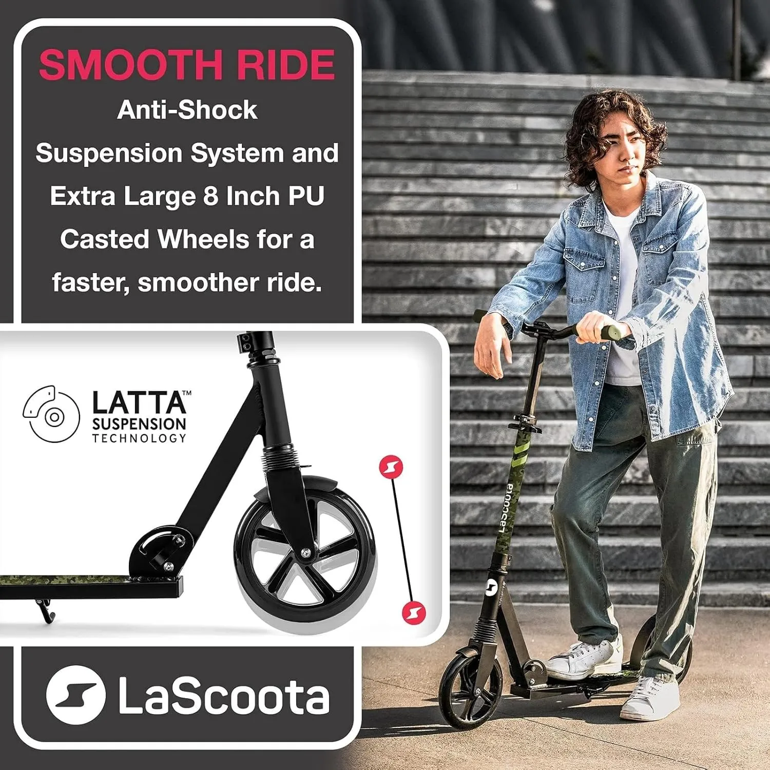 LaScoota Kick Scooter for Kids Ages 6 , Teens & Adults, Large 8" Sturdy Urethane Wheels. Adjustable Handlebar, Lightweight, Foldable, 220lbs Max Load