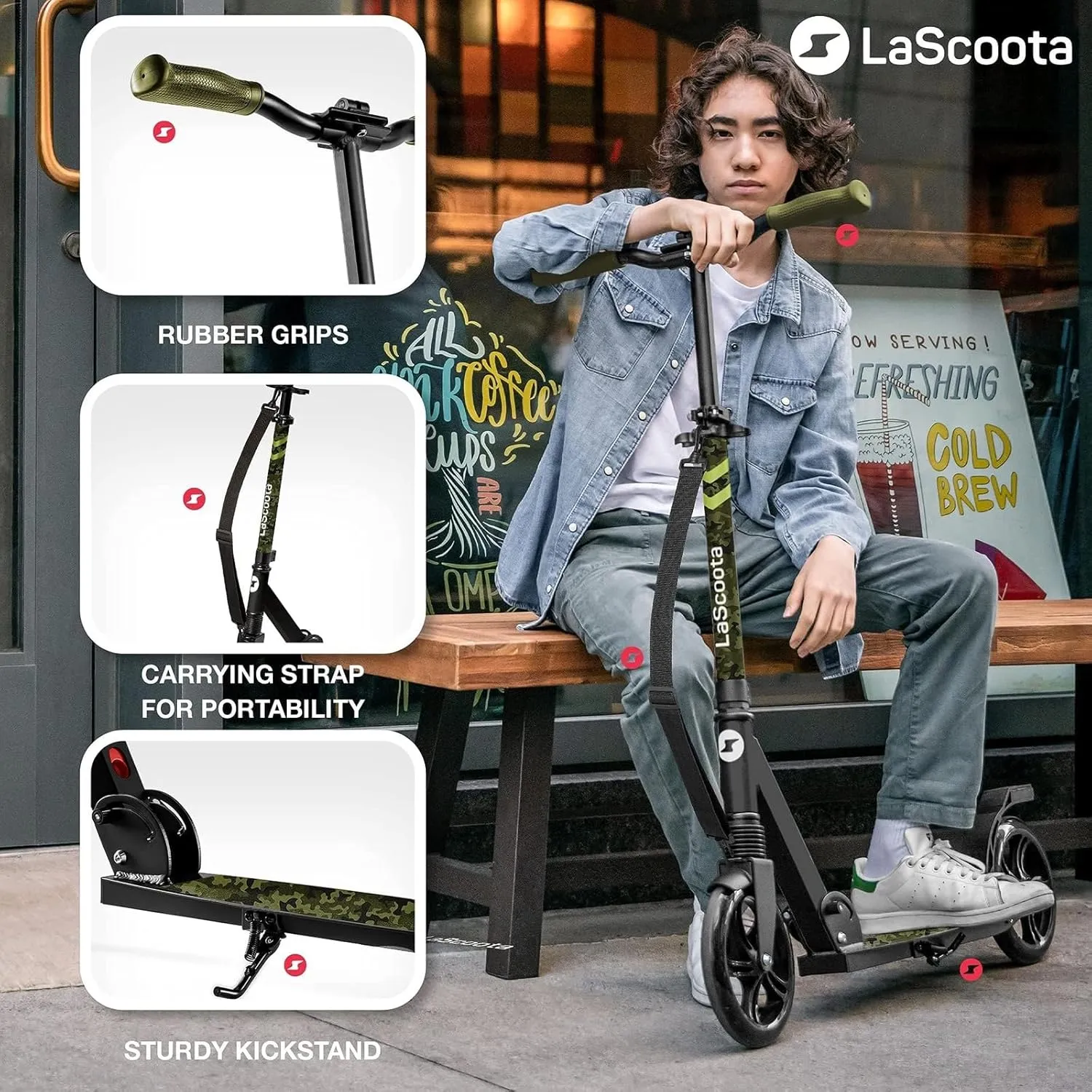 LaScoota Kick Scooter for Kids Ages 6 , Teens & Adults, Large 8" Sturdy Urethane Wheels. Adjustable Handlebar, Lightweight, Foldable, 220lbs Max Load