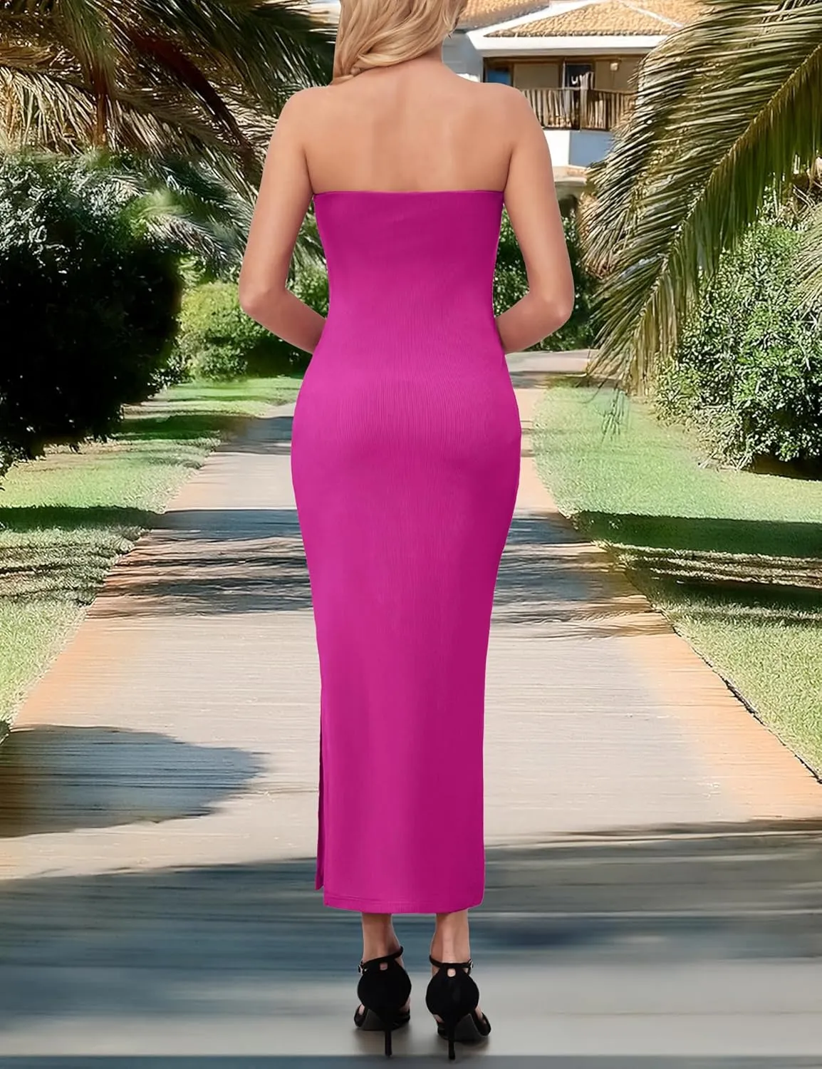 MANER Women's Strapless Bodycon Maxi Tube Dress Ribbed Elegant Casual Long Party Dresses