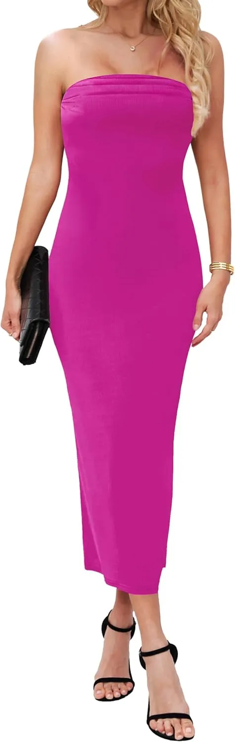 MANER Women's Strapless Bodycon Maxi Tube Dress Ribbed Elegant Casual Long Party Dresses