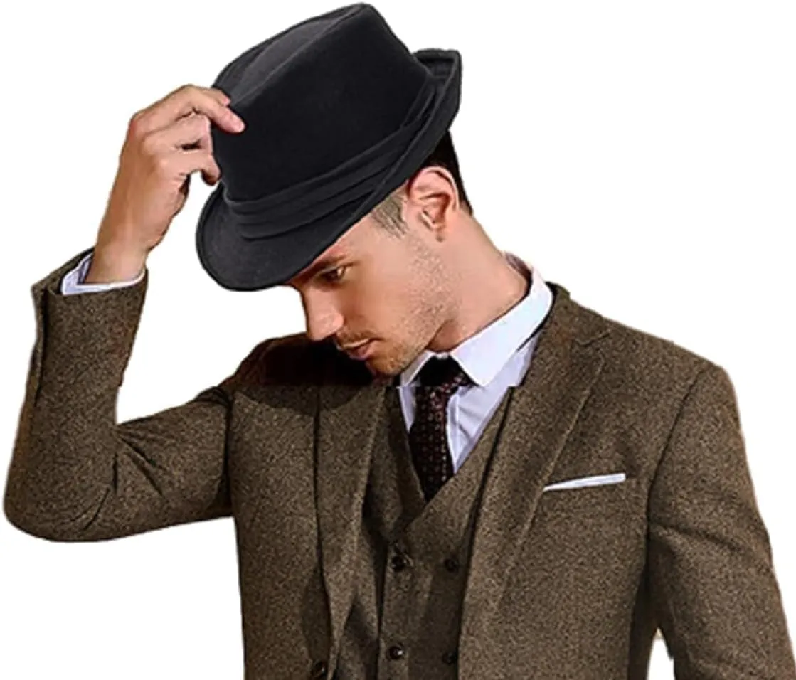 Men Classic Fedora-Hat Felt Manhattan-Gangster-Trilby with Band Unisex Women's Structured Trilby Fedora Hat(Size:S)