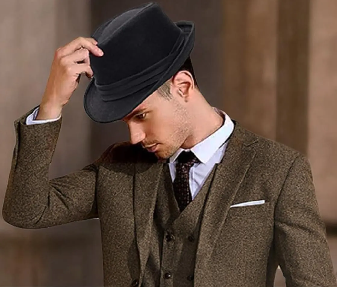 Men Classic Fedora-Hat Felt Manhattan-Gangster-Trilby with Band Unisex Women's Structured Trilby Fedora Hat(Size:S)