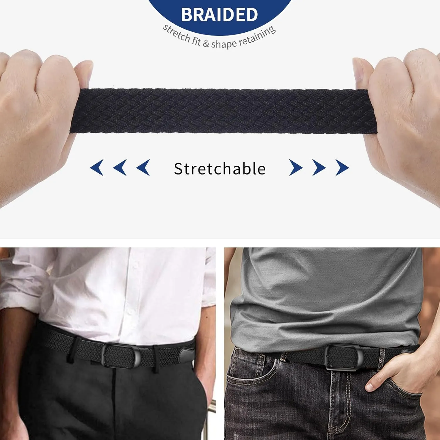 Mens Belts Stretchable Big and Tall Belts for Men Elastic Stretch Belt Black