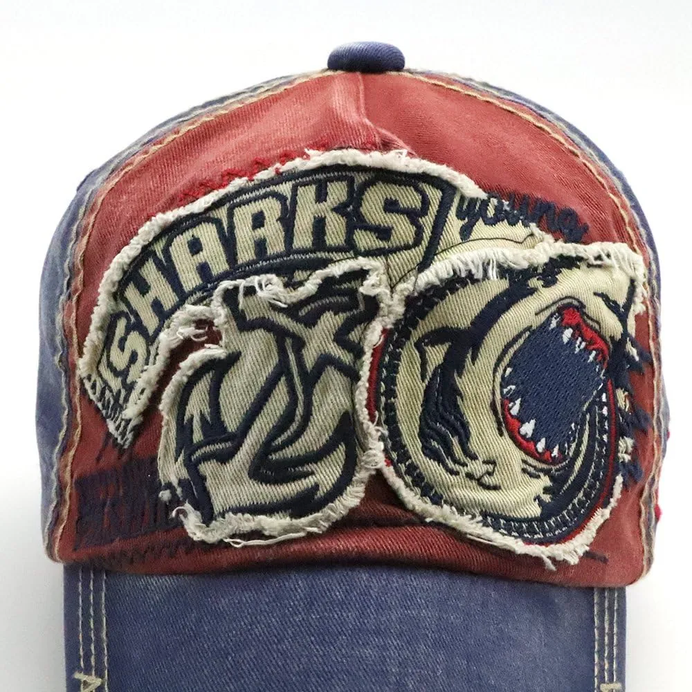 Men's Oilcloth Front Decor Washed Distressed Embroidery Baseball Cap Driver Trucker Hat with Eagle & Shark Patch
