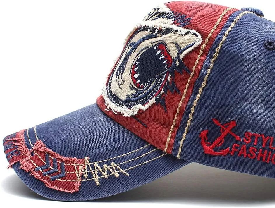 Men's Oilcloth Front Decor Washed Distressed Embroidery Baseball Cap Driver Trucker Hat with Eagle & Shark Patch