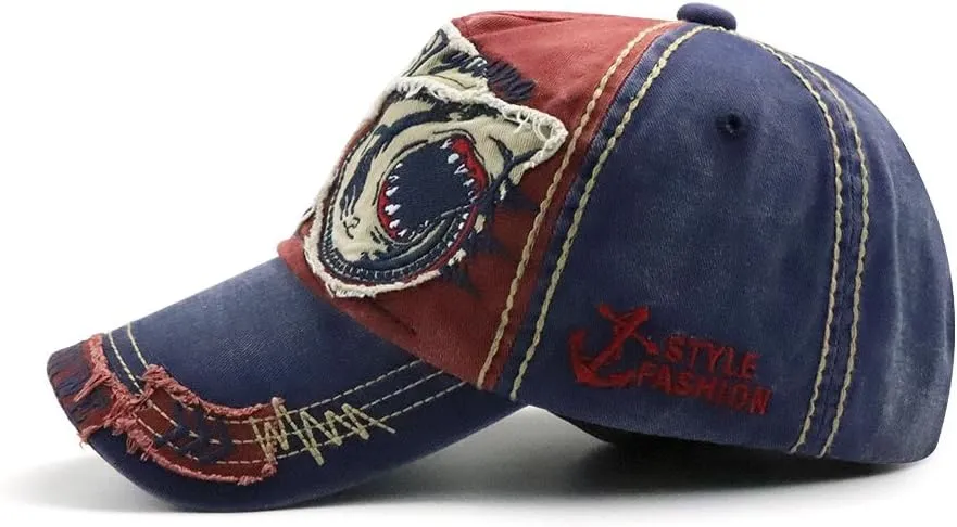 Men's Oilcloth Front Decor Washed Distressed Embroidery Baseball Cap Driver Trucker Hat with Eagle & Shark Patch