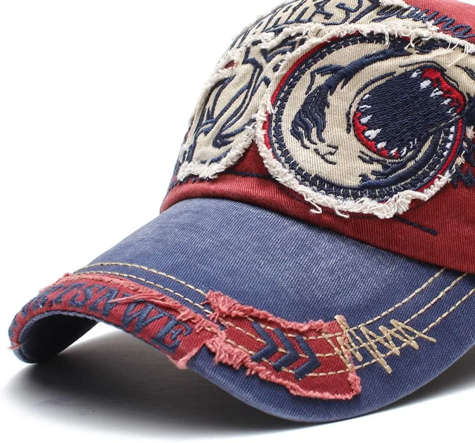 Men's Oilcloth Front Decor Washed Distressed Embroidery Baseball Cap Driver Trucker Hat with Eagle & Shark Patch
