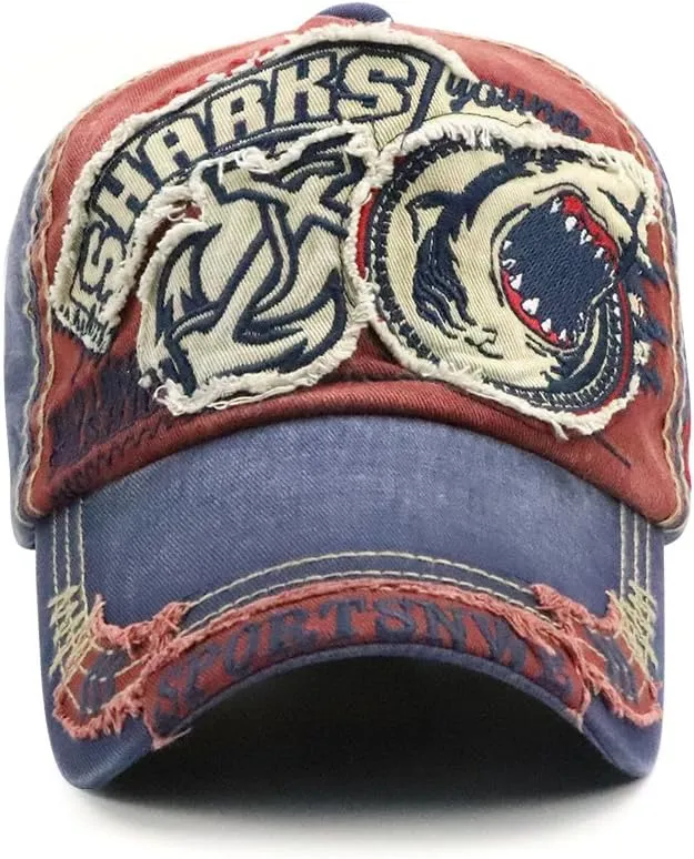 Men's Oilcloth Front Decor Washed Distressed Embroidery Baseball Cap Driver Trucker Hat with Eagle & Shark Patch