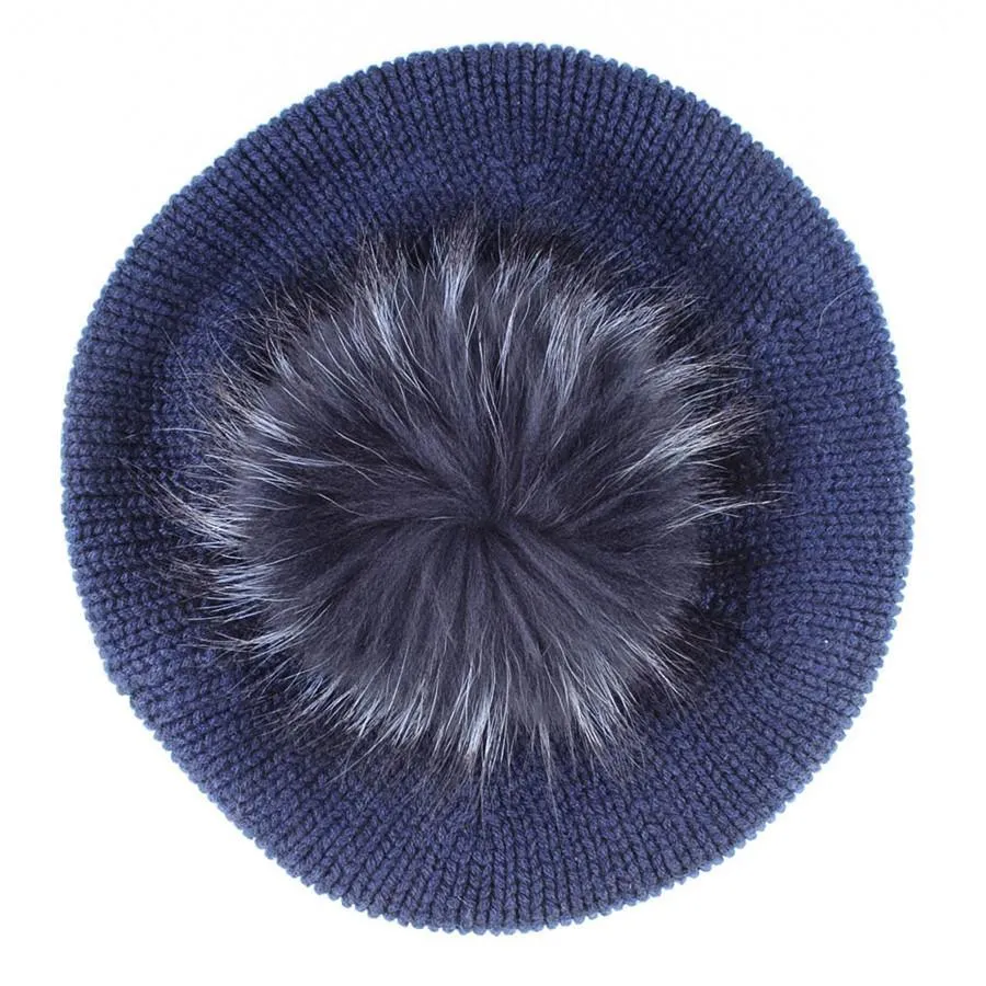 Navy Cashmere Fur Pom Pom Beret