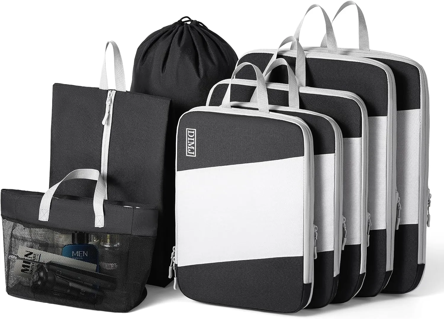 Packing Cubes for Travel, DIMJ Large Capacity Compression Packing Cubes Sturdy Compression Packing Cubes Travel, Packing Cubes for Suitcases with Mesh Toiletry Bag, 8 Pack, White and Black, YSYLZ001