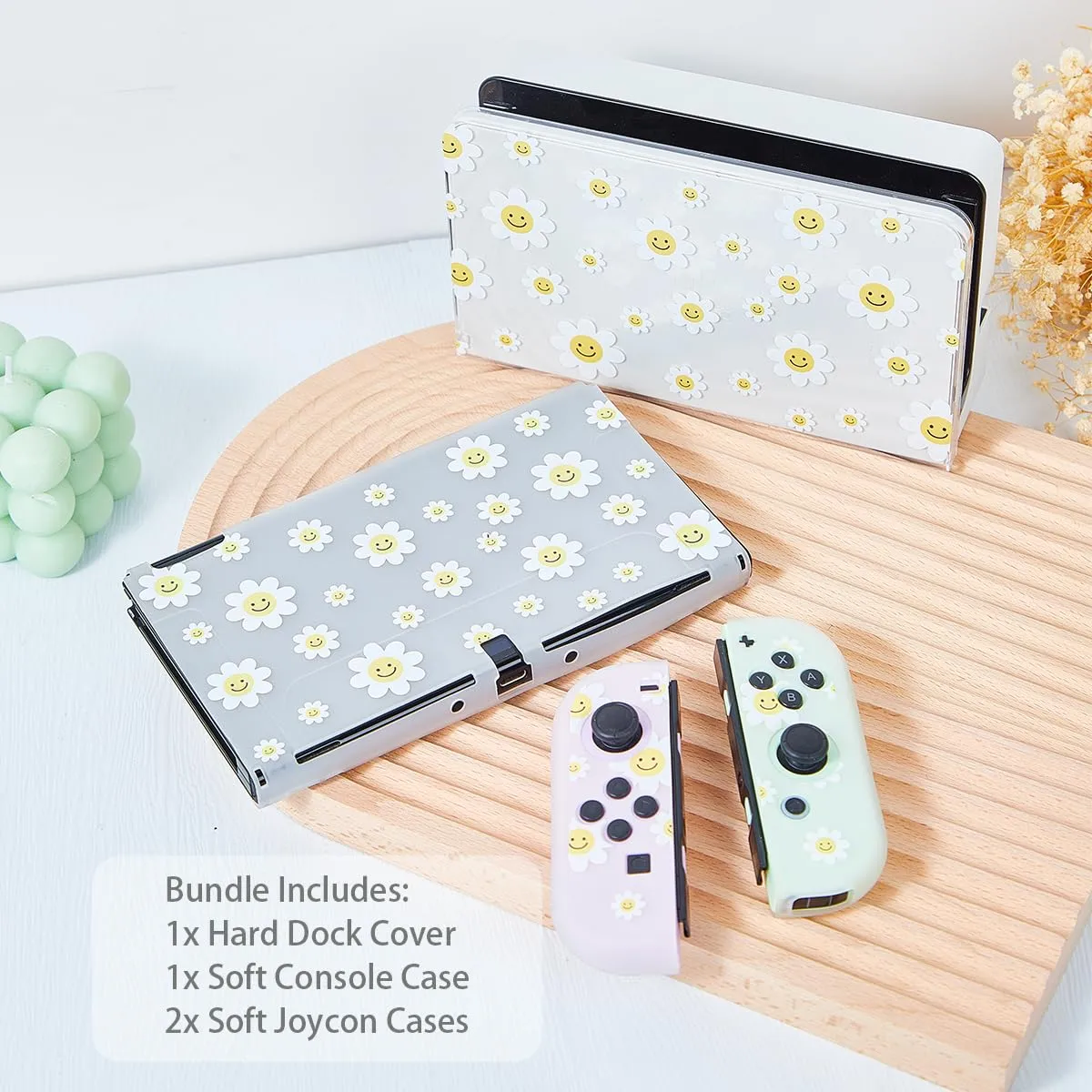Protective Case for Switch OLED, Silicone Cover Shell Compatible with Nintendo Switch OLED Dockable Case Cozy Accessory Full Protection for Controller & Joy con-White Daisy Floral