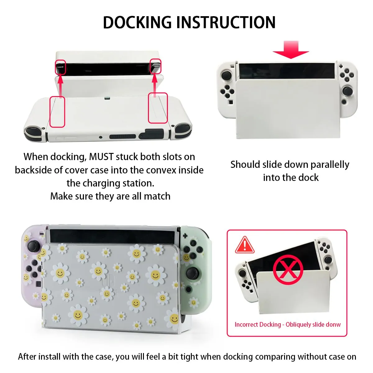 Protective Case for Switch OLED, Silicone Cover Shell Compatible with Nintendo Switch OLED Dockable Case Cozy Accessory Full Protection for Controller & Joy con-White Daisy Floral