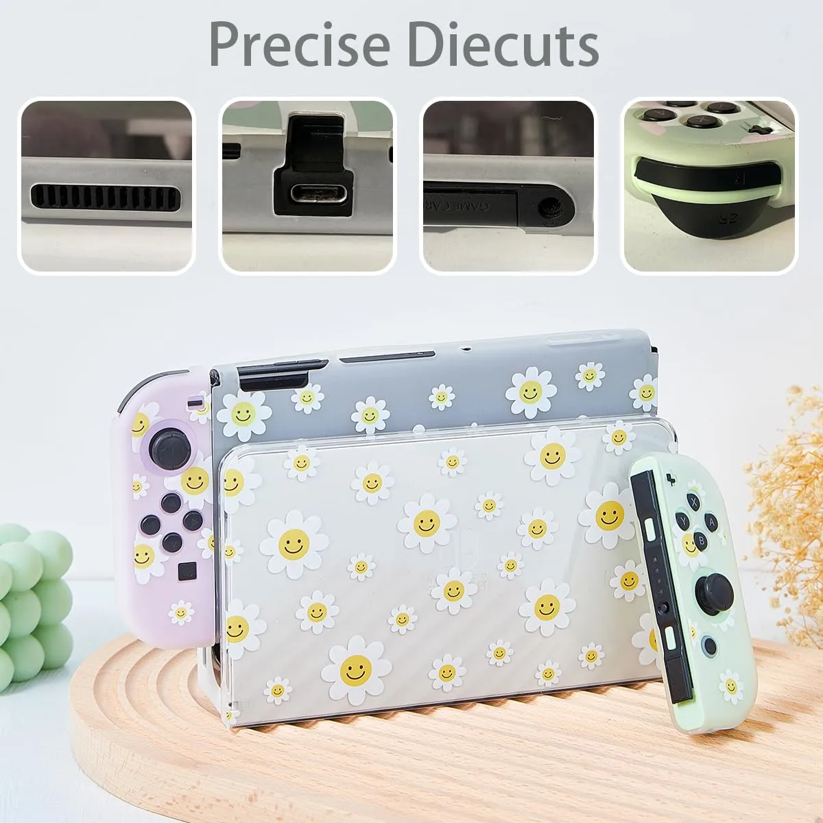 Protective Case for Switch OLED, Silicone Cover Shell Compatible with Nintendo Switch OLED Dockable Case Cozy Accessory Full Protection for Controller & Joy con-White Daisy Floral