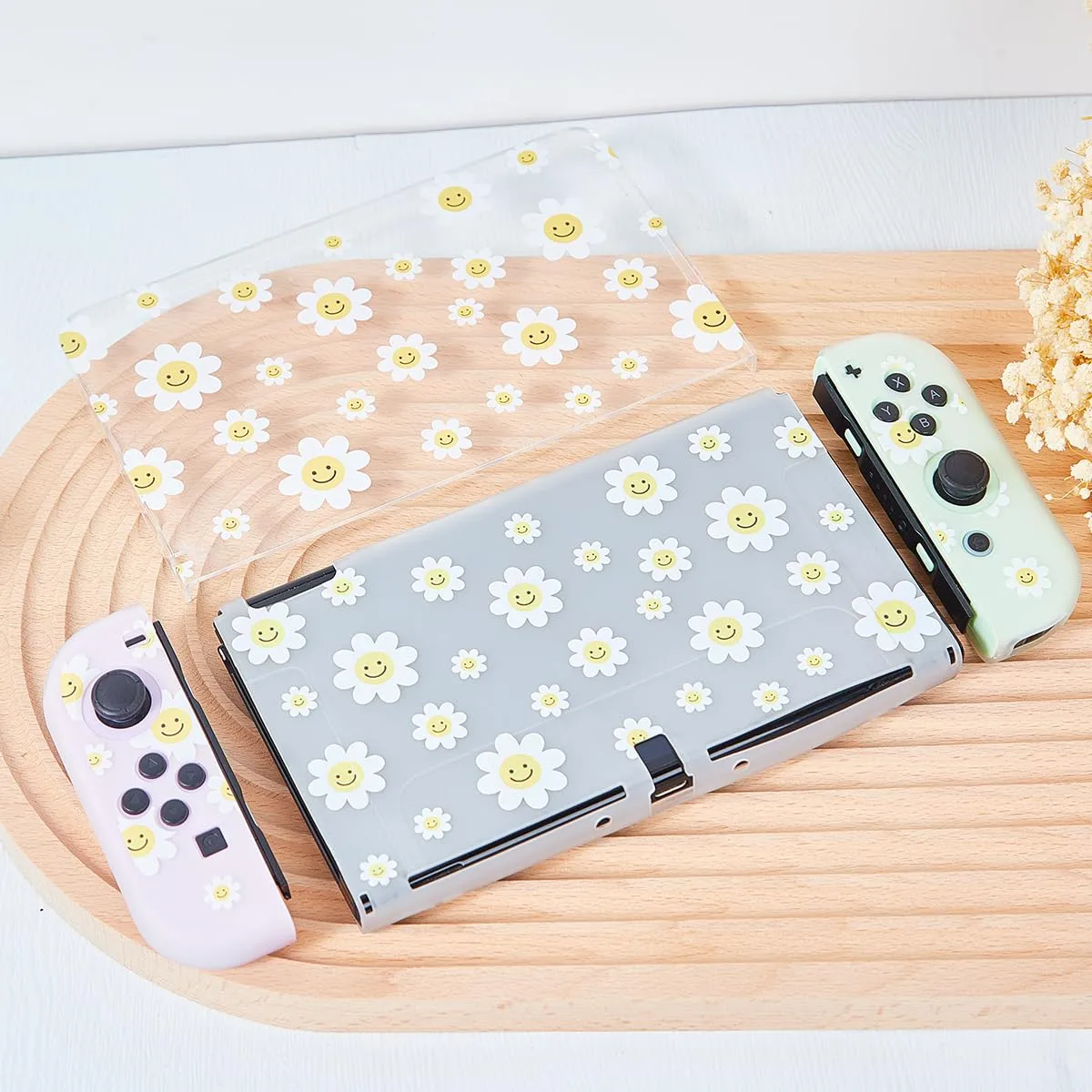 Protective Case for Switch OLED, Silicone Cover Shell Compatible with Nintendo Switch OLED Dockable Case Cozy Accessory Full Protection for Controller & Joy con-White Daisy Floral