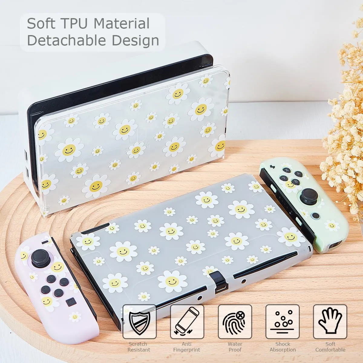 Protective Case for Switch OLED, Silicone Cover Shell Compatible with Nintendo Switch OLED Dockable Case Cozy Accessory Full Protection for Controller & Joy con-White Daisy Floral