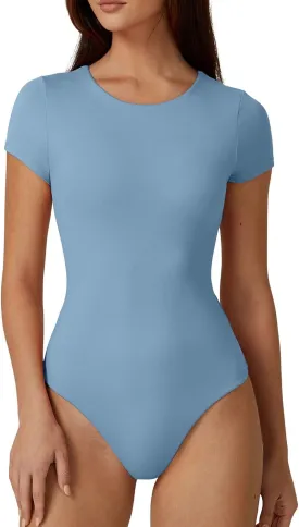 QINSEN Women's Crew Neck Short Sleeve Bodysuit Double Lined Body Suits Basic T-shirt Tops