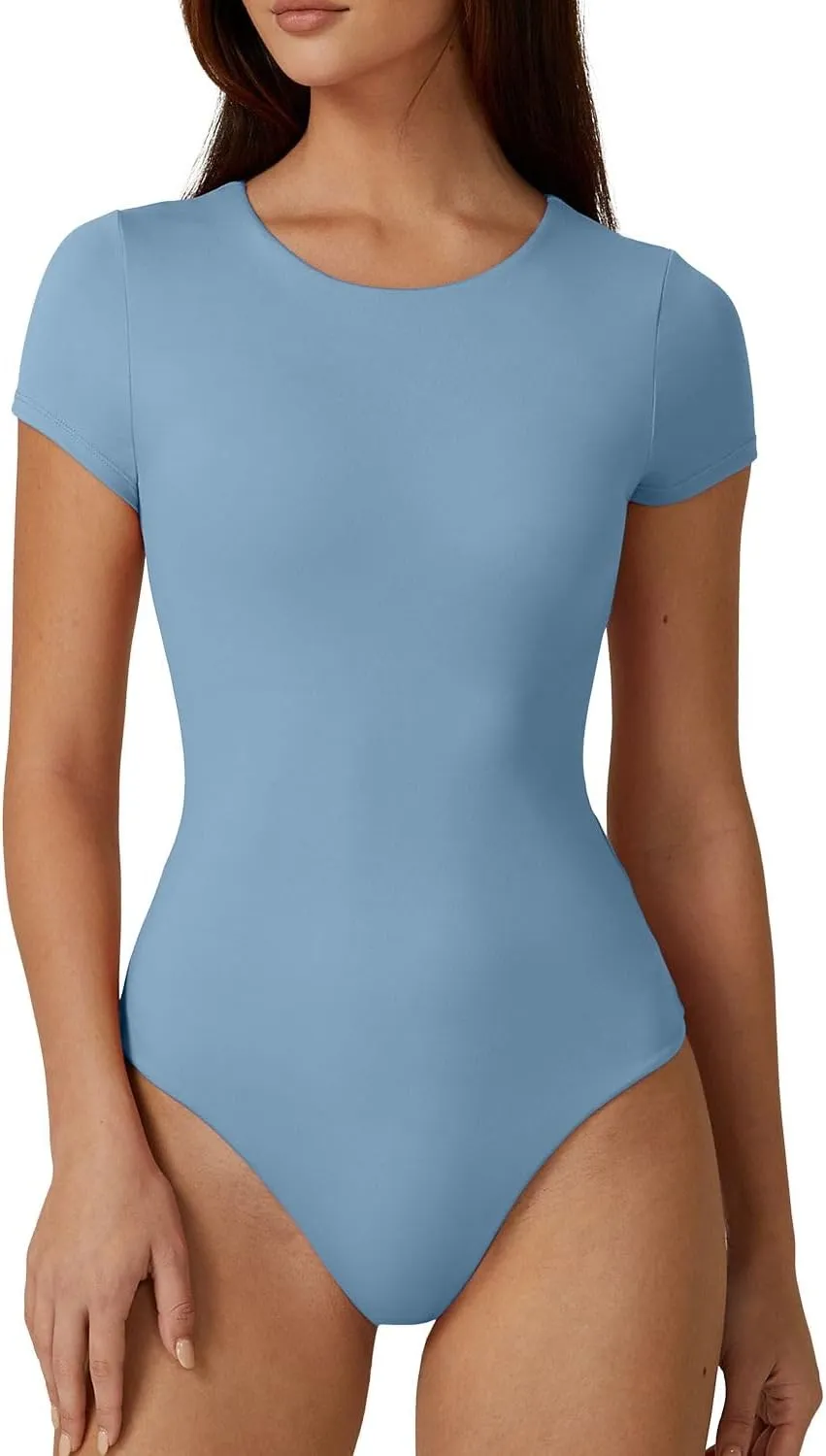 QINSEN Women's Crew Neck Short Sleeve Bodysuit Double Lined Body Suits Basic T-shirt Tops