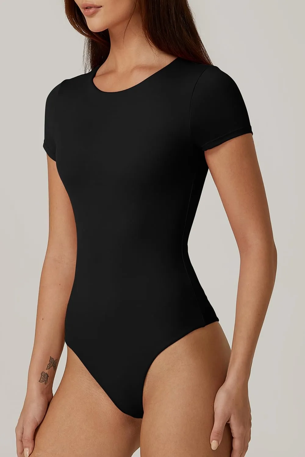 QINSEN Women's Crew Neck Short Sleeve Bodysuit Double Lined Body Suits Basic T-shirt Tops