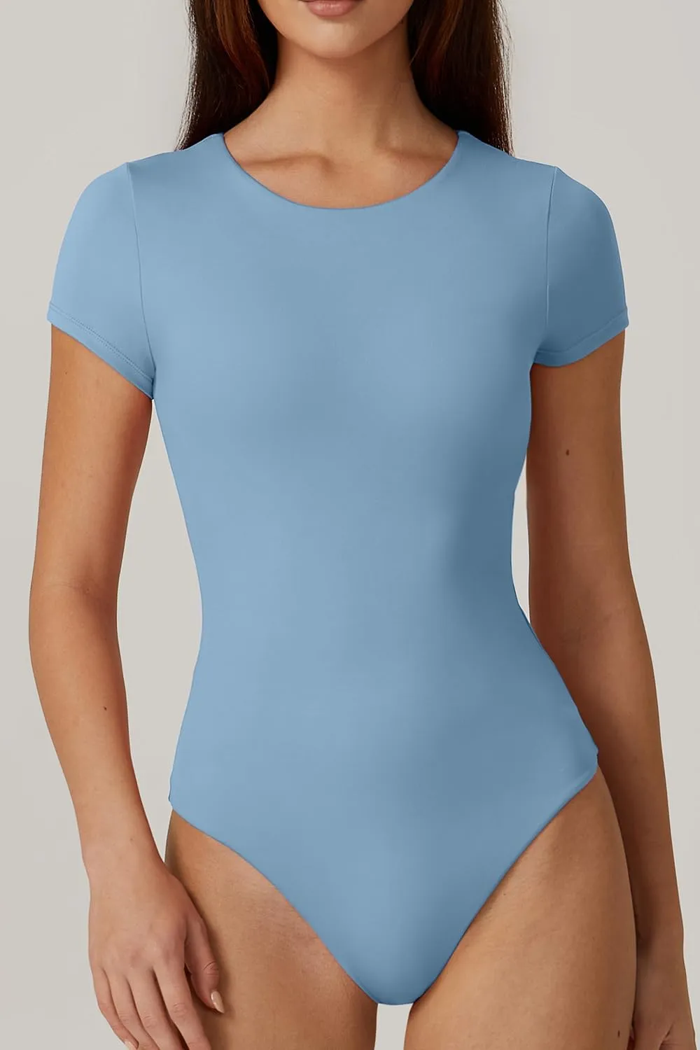 QINSEN Women's Crew Neck Short Sleeve Bodysuit Double Lined Body Suits Basic T-shirt Tops