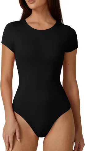 QINSEN Women's Crew Neck Short Sleeve Bodysuit Double Lined Body Suits Basic T-shirt Tops