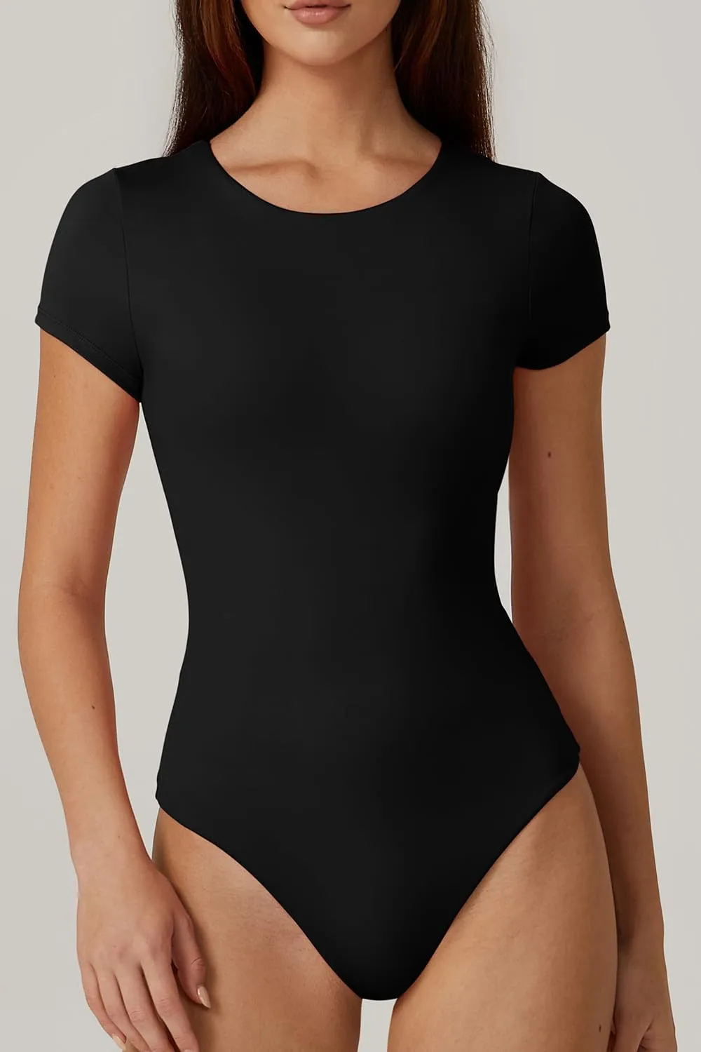 QINSEN Women's Crew Neck Short Sleeve Bodysuit Double Lined Body Suits Basic T-shirt Tops