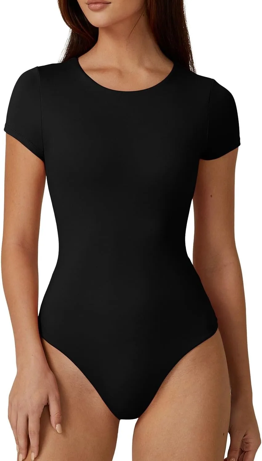 QINSEN Women's Crew Neck Short Sleeve Bodysuit Double Lined Body Suits Basic T-shirt Tops