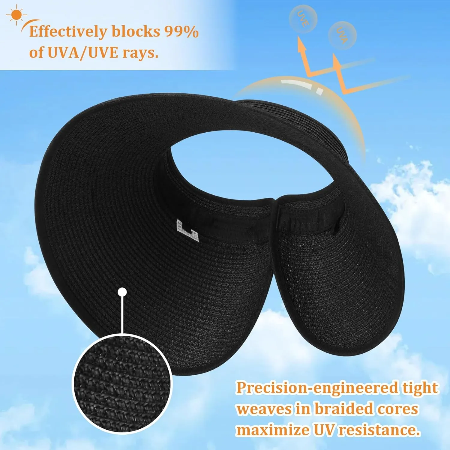 Sun Visor Hats for Women, Summer Packable Straw Beach Hat UV Protection 2025, Women's Ponytail Hat, Foldable Travel