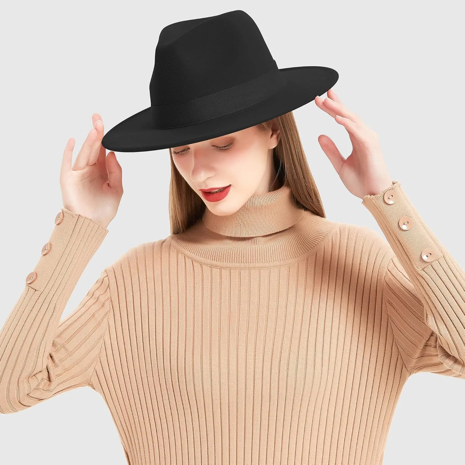 Wide Brim Fedora Hats for Women & Men Classic Dress Panama Hat Adjustable Felt Hat with Band
