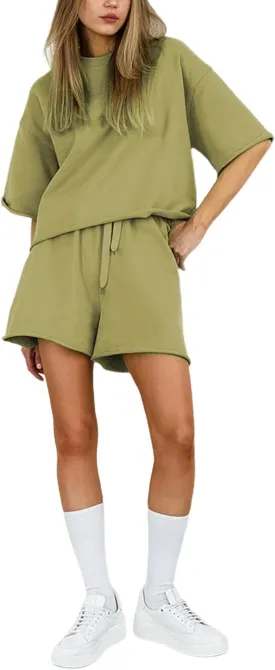 Women's 2 Piece Outfits Lounge Sets Crew Neck Short Sleeve Pullover Tops High Waisted Shorts Tracksuits