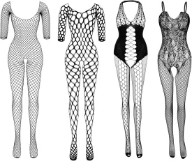 YumSur 4Pack Women Fishnet Bodysuits Stockings Sleepwear Lingerie Mesh
