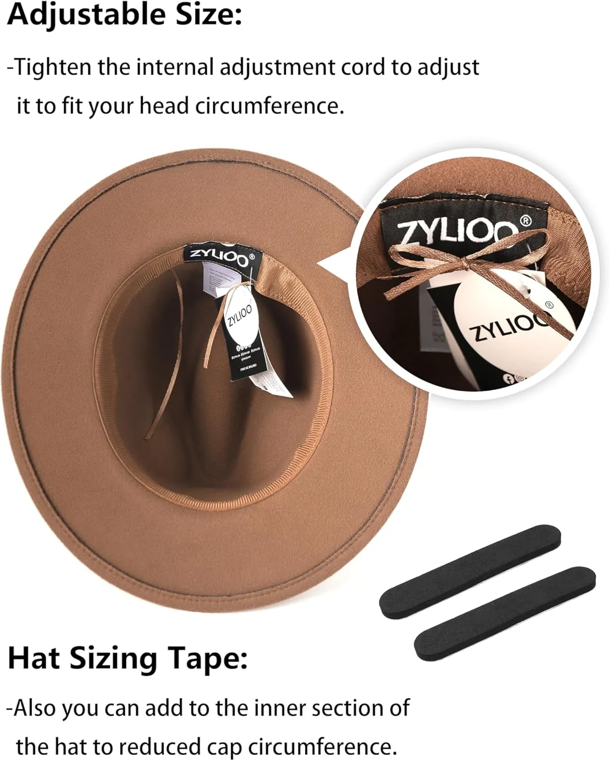 Zylioo 2XL/XL/L Felt Fedora Hats,M/S/XS Wide Brim Dress Hat,Plus Size Warm Panama Hat,Large Brim Jazz Hat for Women Men